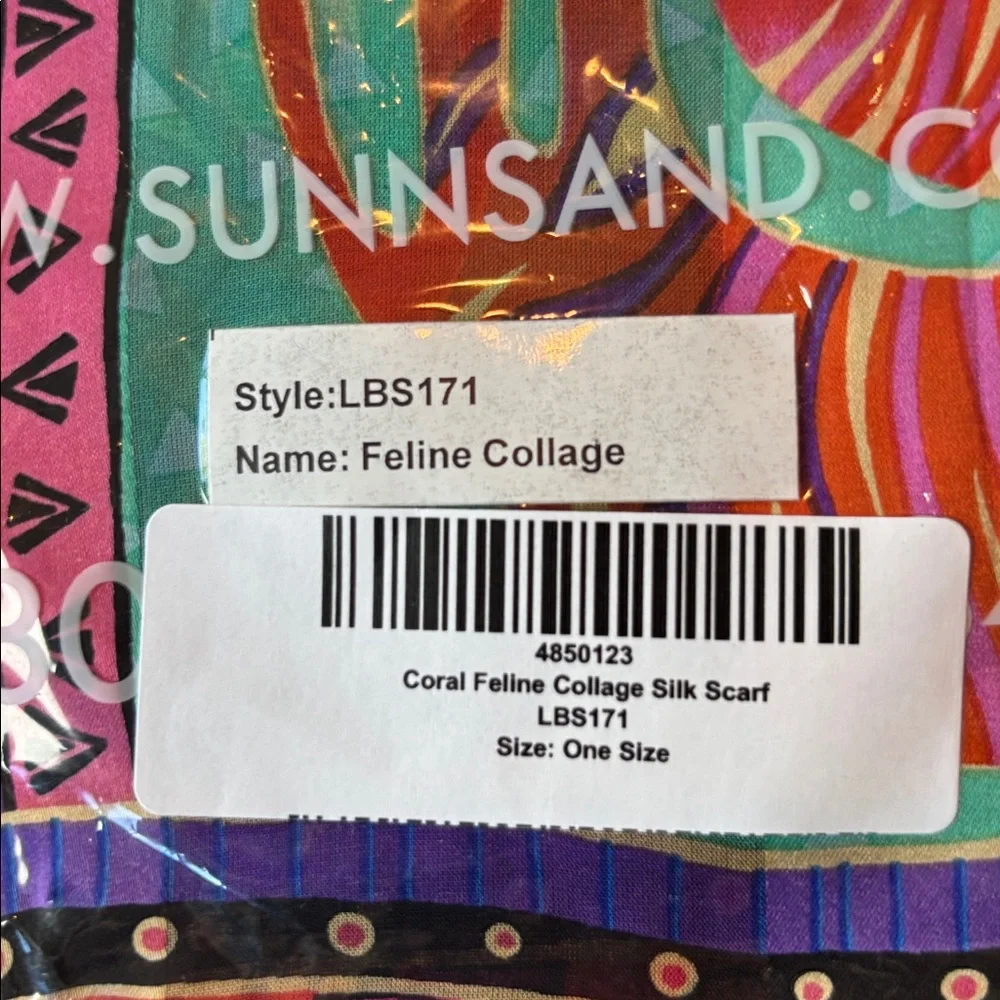Laurel Burch Silk Art Scarf “Feline Collage” LBS171 Fringe NWT